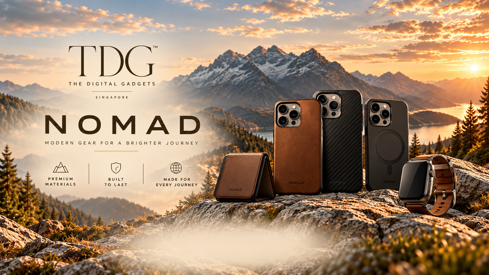The Digital Gadgets presents NOMAD — leather accessories against an alpine sunset